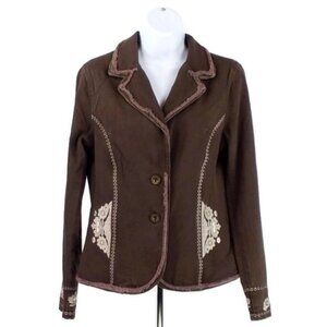 Calix Brown Embroidered Long Sleeve Button Front Blazer Womens Size Large NWT
